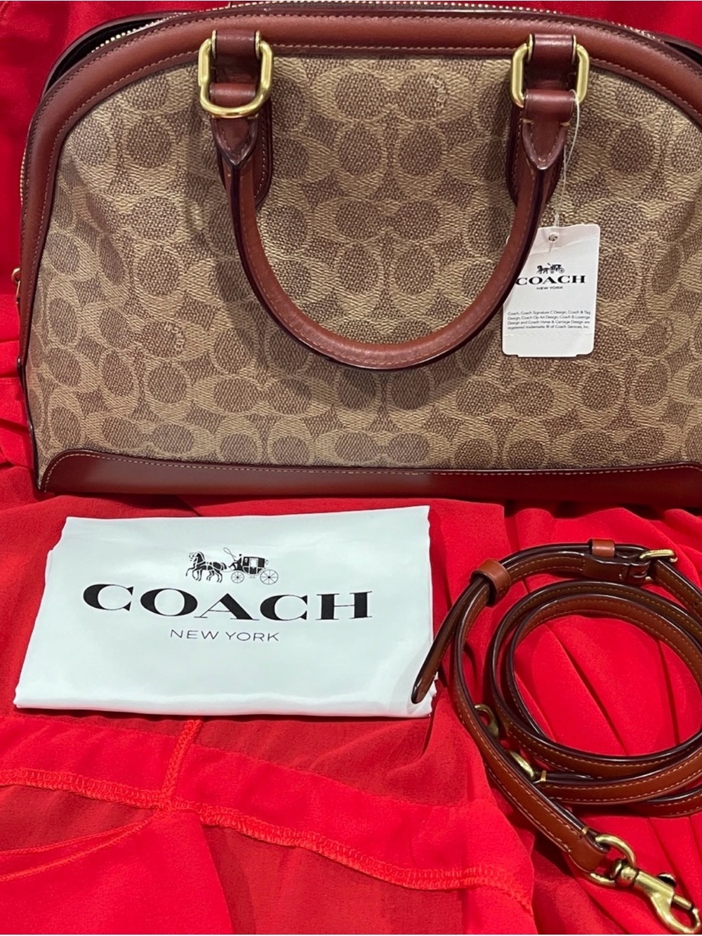 NEW Coach Tan Signature Satchel with Brown Leather Trim and Gold Hardware